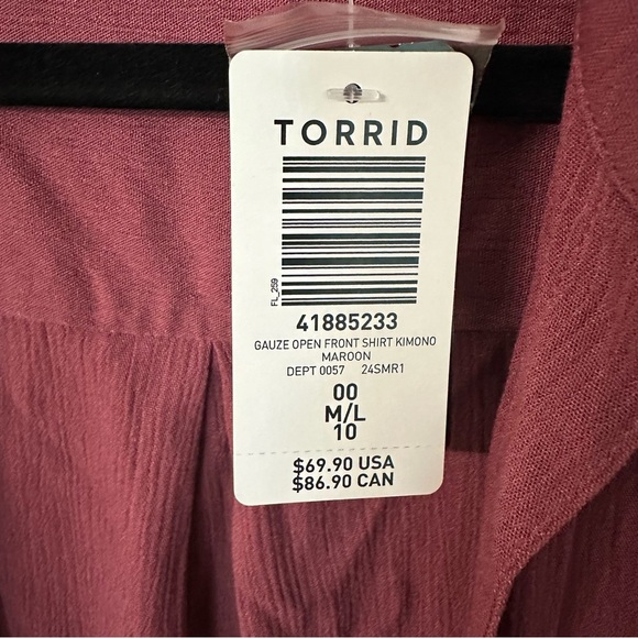 Torrid Women’s Maroon Gauze Open Front 3/4 Sleeve Kimono Shirt Sz 00, M/L NWT - Picture 4 of 8